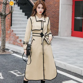 

Woman Belt Patchwork Black Edge Trench 2020 Autumn Temperament Adjustable Waist Khaki Long Coat