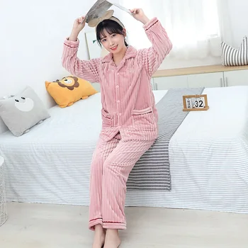 

Autumn, Winter and Spring 2020 New Flannel Stripe Thickened Korean Women's Pajamas Set Home Wear Warm Coral Velvet