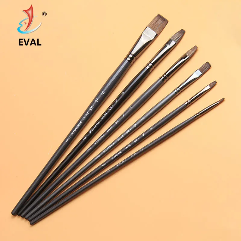 Eval Professional Squirrel Hair Oil Painting Brush Art Supplies Wooden Flat Brush Pen For Gouache Acrylic Painting Set 6pcs