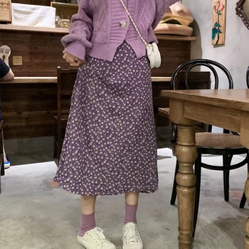 

Vintage summer Floral Print Ruffle A line Long Skirts spring Women Korean Skirt Streetwear Drawstring Elastic Waist Midi Skirt
