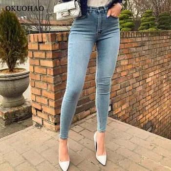 Women's Jeans High Waist Stretch Skinny Denim Trousers 2021 Blue Retro Washed Fashion Sexy Elastic Slim Pencil Pants Oversize 4