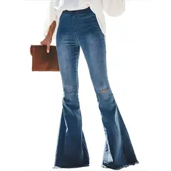 2019 женские рваные расклешенные джинсы с высокой талией, твердые карманы, джинсы с кроем для женщин, с кисточками, большие размеры, джинсовые