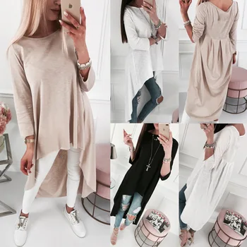 

Women Long T-Shirts Autumn Spring Casual Loose Pullover Round Neck Full Sleeve Solid Tops Irregular Loose Blusas Female Clothing