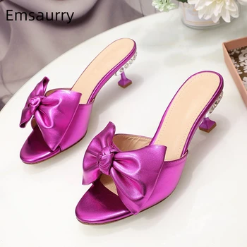 

Genuine Leather Bowtie Runway Mules Sexy Open Toe Jeweled Goblet Heel Big Butterfly-knot Chic 2020 Summer Slippers Women