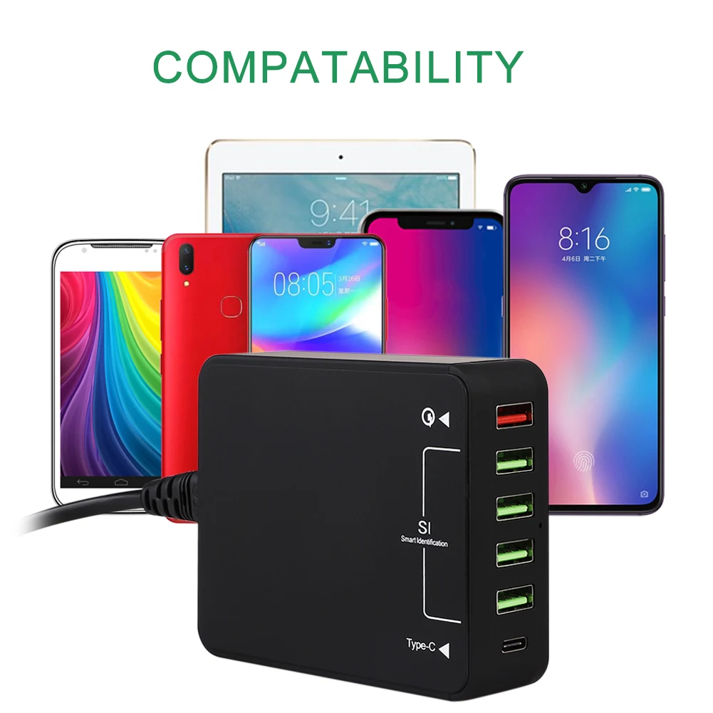 Быстрая зарядка 3,0 type C usb зарядная станция настенное зарядное устройство концентратор быстрая зарядная станция с Qualcomm type-C 6 портами 60 Вт