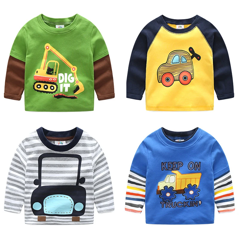 Camisetas de manga larga para niños de 2 a 9 años, playera de algodón a  rayas con retales, dibujos animados, coche, autobús, camión,  2022|Camisetas| - AliExpress