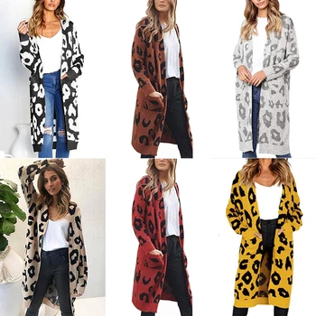 

Knitted Women Cardigans Autumn Winter Coat Hot Long Leopard Sweater Loose Clothes For Female Casual Women Winter Sweater