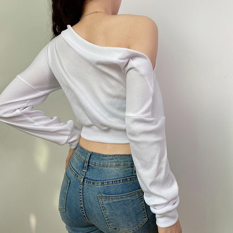 2020 Korea Hot Sale Pure White T-shirt Spring/Autumn Streetwear Knitted Tops for Women Tops for Women Full Sleeves