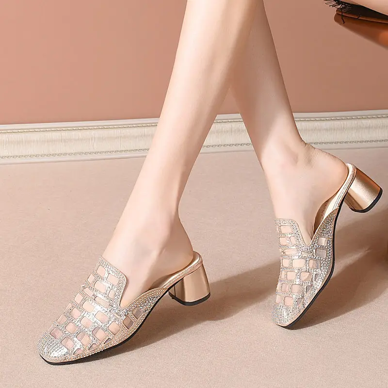 Mesh Rhinestone Slippers Woman Outerwear Slides Women Summer Heels