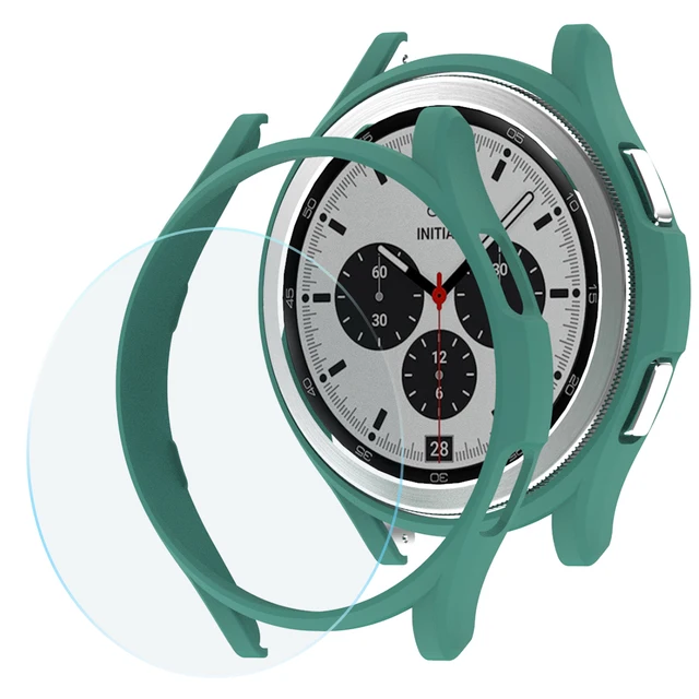 Glass+Case for Samsung Galaxy Watch 4 Classic 42mm 46mm,PC Matte Cover All-Around Protective Bumper Shell for Galaxy Watch4 Green One Glass