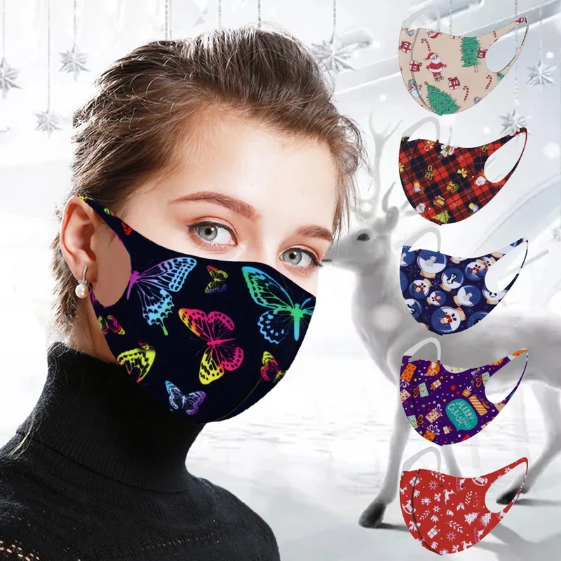 

Reusable Colorful Fabric Face Christmas Dustproof Ice Silk Mask Fashion Washable Outdoor Breathable Face Mask 2020 Hot Selling