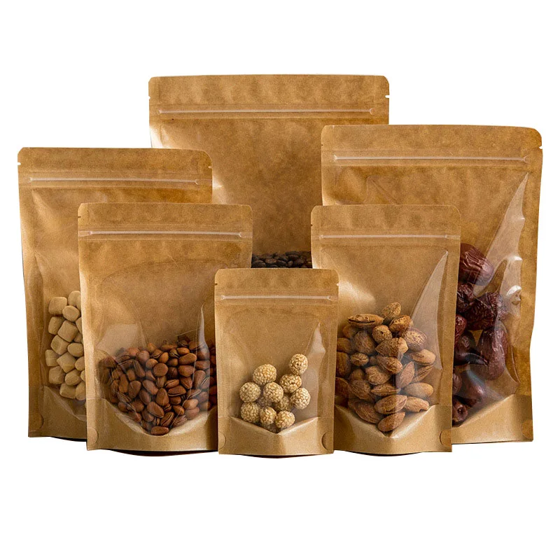 

Thick 50pcs Clear Front Ziplock Gift Bags Snack Nuts Beans Packaging Plastic Bags One Side Kraft Paper Zip Lock Stand Up Pouches