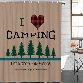 

Waterproof Shower Curtain I Love Camping Woods Red Plaid Bathroom Shower Curtains Christmas Shower Curtain &12 Hook