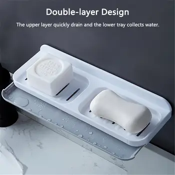 

Soap Dish Punch-free Double Grid Drawer Design Wall-mounted Double Layer draining Shower Soap Holder Tray Storage Rack Shelf