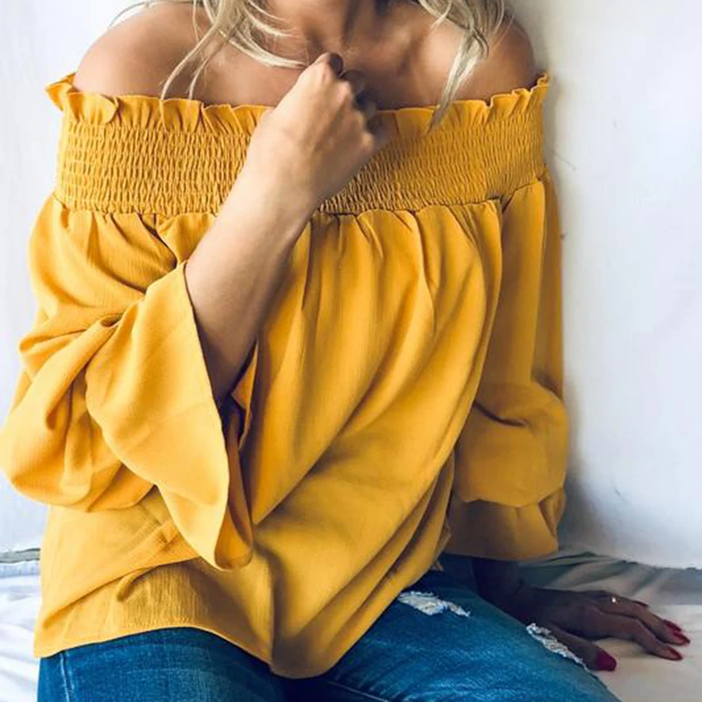 

2019 Real Cotton Polyester Tumblr Kpop Europe And The New One Word Shoulder Pleated Long-sleeved Women's Shirt T-shirt Clothing