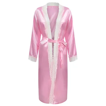 

satin sleepwear women pink Lingerie for Women Sexy Long Lace Dress Sheer Gown See Through Kimono Robe#4