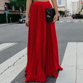 

Beach Bohemia Women Solid Color Pleated Full Length Elastic Maxi Long Skirt
