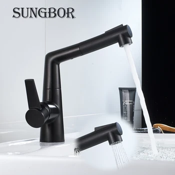 

Black/chrome bathroom basin faucet swan style single handle pull out spray hot and cold water sink crane deck mount faucets