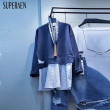 SuperAen Осень корейский стиль с капюшоном Мода Полосатый спортивный свитер с вышивкой Женская оригинальная обувь в деловом стиле из хлопка, светшоты с длинными рукавами