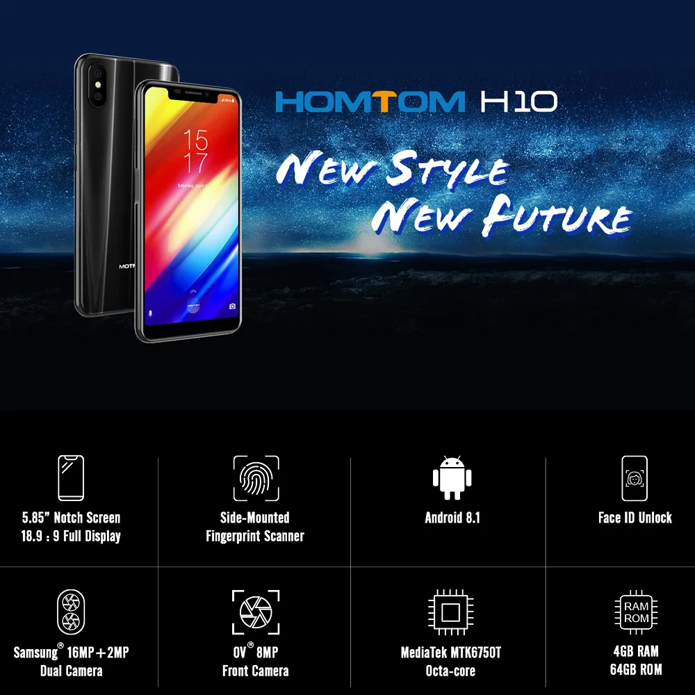 Мобильный телефон HOMTOM H10, 4 Гб+ 64 ГБ, четыре ядра, 5,85 дюйма, 4G, Android 8,1, распознавание лица, MTK6750, 3500 мАч, 16 МП, боковой отпечаток пальца