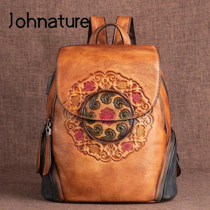 Johnature Retro First Layer Cow Leather Backpack Women Bag 2021 New Handmade Embossing  Large Capacity Genuine Leather Bagpack