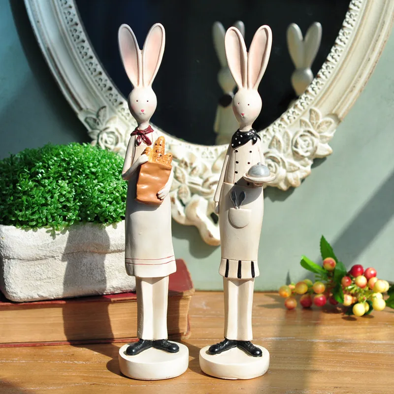 

2pcs/set 29cm Height Chef Cook Rabbit Lovers Kit Resin Statue Bread Figurines Wedding Gift Kitchen Decoration Cute Lovely QZHF11