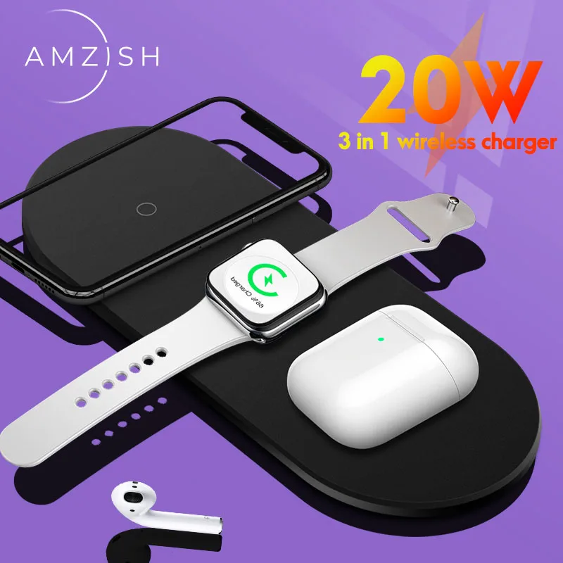 Amzish 15 Вт Быстрое QI 3 в 1 Беспроводное зарядное устройство для iPhone 8 Plus X XR XS 11 Max