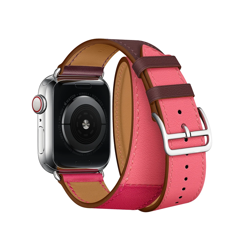 Подолом логотип Swift кожаный двойной один за туром ремешок для наручных часов Apple Watch Series 5 4 3 2 1 44/40 мм 42 38 мм и нержавеющая сталь металлический корпус для наручных часов iWatch, браслет