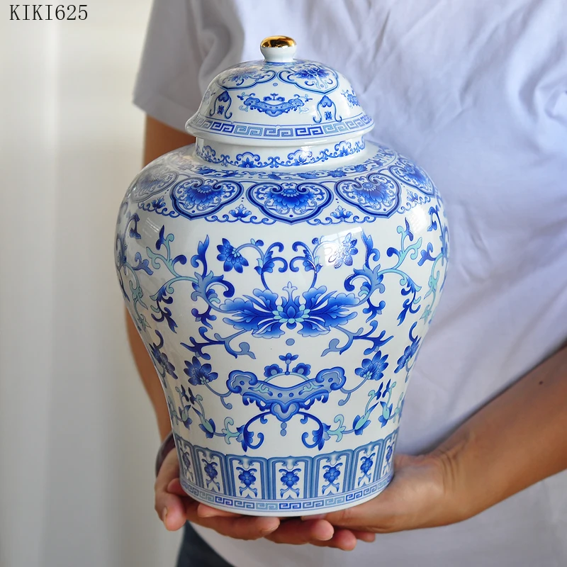 

Creative Tengman Blue Flower Ceramic Tea Caddy with Lid Household Large-capacity Sealed Storage Jar Flower Vase Home Decoration