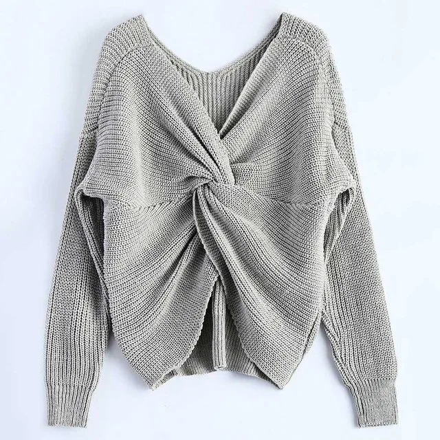 Сексуальный свитер без спинки с v-образным вырезом, женские джемперы, осенние пуловеры, Повседневные вязаные свитера с длинным рукавом, женская одежда размера плюс - Цвет: gray