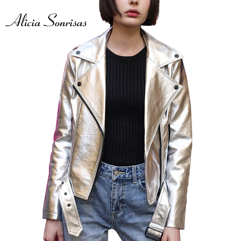 

Leather Jacket Women Pu Faux Leather Jackets Slim Short Coat Silver Glossy Sashes Zippers Motorcycle Biker Autumn Winter Coats