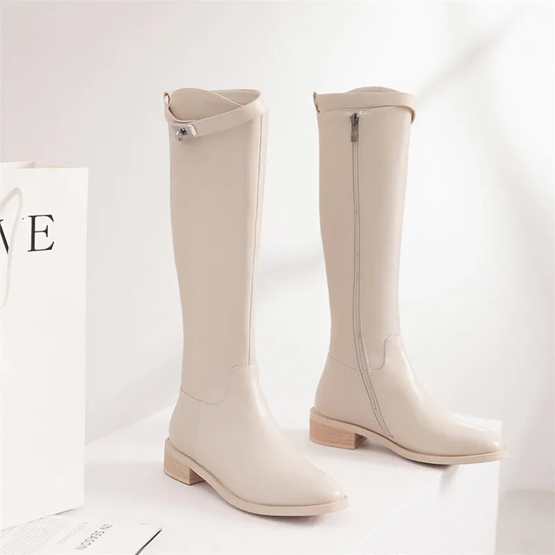 Beige Velvet Lining Meotina/Осенние Сапоги до колена; женские сапоги для верховой езды из натуральной кожи на квадратном каблуке; обувь на молнии с пряжкой; женская зимняя обувь; размеры 34-39 - Цвет: Beige Velvet Lining