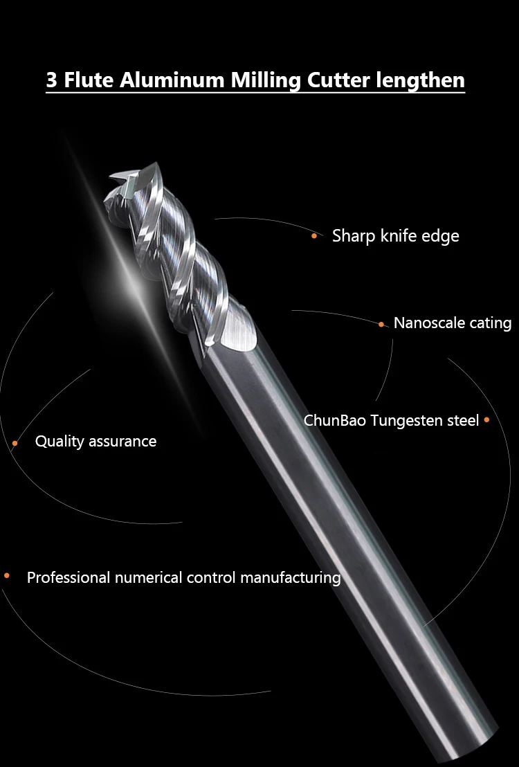 1 bis 20 mm Hartmetall-Fräser verlängern 75/150/200 HRC55 für Aluminium, Holz, Acryl, Kupfer, Kunststoff, 3 Flöten, Wolfram-Schaftfräser – Detail 1