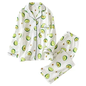 

2 Pcs/set Spring Autumn Women Pajamas Avocado Print Pattern Long Sleeve Trousers