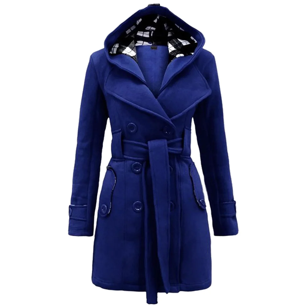 Женское зимнее двубортное теплое пальто средней длины, верхняя одежда, Тренч с поясом, модная однотонная одежда, элегантная ветровка - Color: Royal Blue