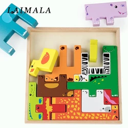 Quebra cabeças de madeira para crianças, brinquedo educativo 3d colorido com animais de desenho animado para desenvolvimento inteligência do bebê