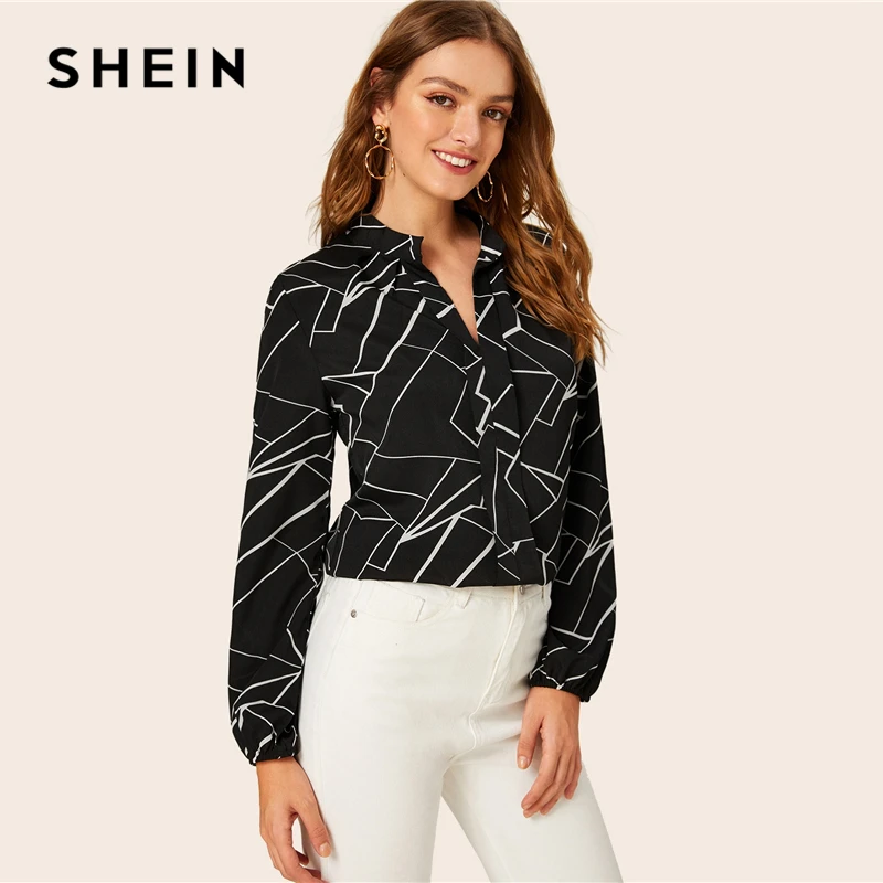 SHEIN отложной воротник случайная полоса печати Элегантная блузка футболка Женские топы Осень черный длинный рукав офисные женские блузки