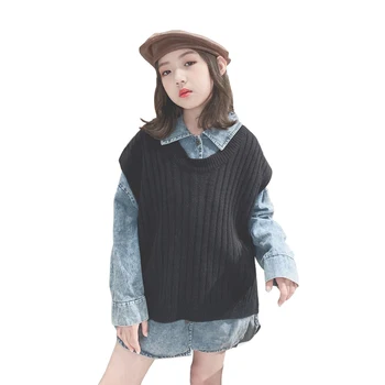 

black knit vest age for 4 - 14 yrs teenage girls school style vests autumn winter children clothes casual simple sleeveless tops