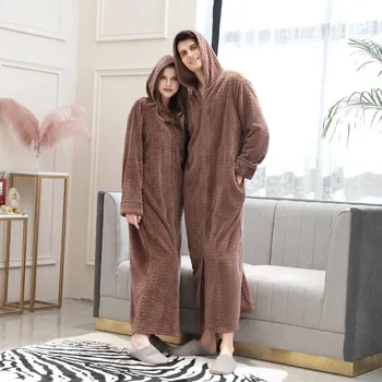 

Women Men Flannel Bath Robe Sleepwear Couples Women's Lengthened Bathrobe Zipper Home Clothes Long Sleeved Robe Coat #35