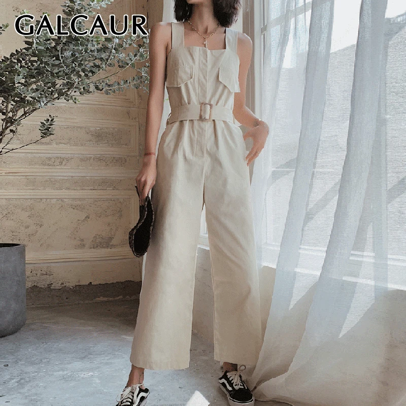 GALCAUR Korean Jumpsuit For Woman High Waist Sashes Pocket Large Size