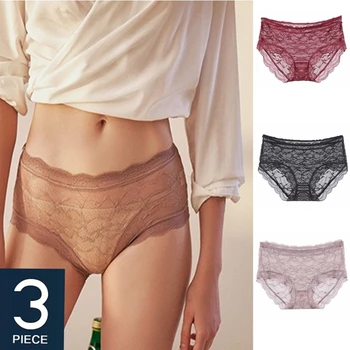 

3Pcs/lot Women Underwear Plus Size Briefs Sexy Lace Fashion Mid Waist Underpants Soft Breathable Comfortable Large Panties M-3XL