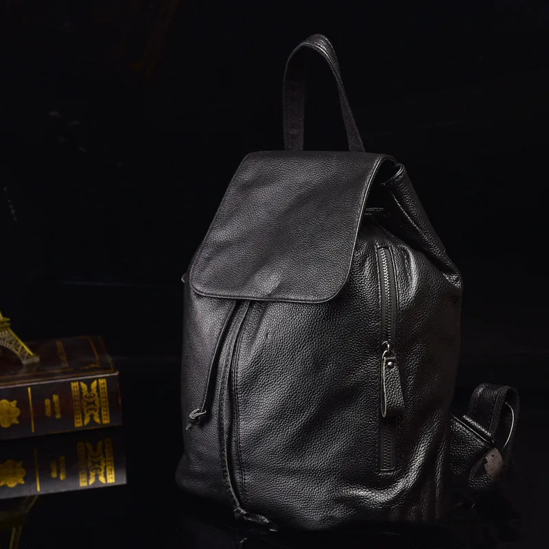 High quality top layer cowhide black backpack vintage lady hand designed backpack student bag computer bag