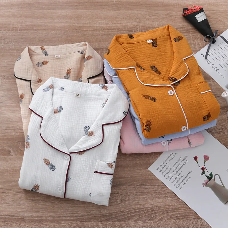 

Spring Pajama Set Women Double-layer Cotton Crepe Sleepwear Long-sleeved Trousers Lounge Wear Two Piece Set Autumn Home Clothes