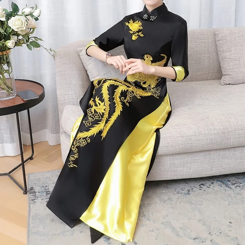 Dragon Embroidery Cheongsam Dress Black and Pink One Piece with
