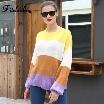 

Fitshinling Block Patchwork Women Sweaters And Pullovers Knitwear Long Sleeve Jumper Multicolor Casual Pull Femme Sweater Sale