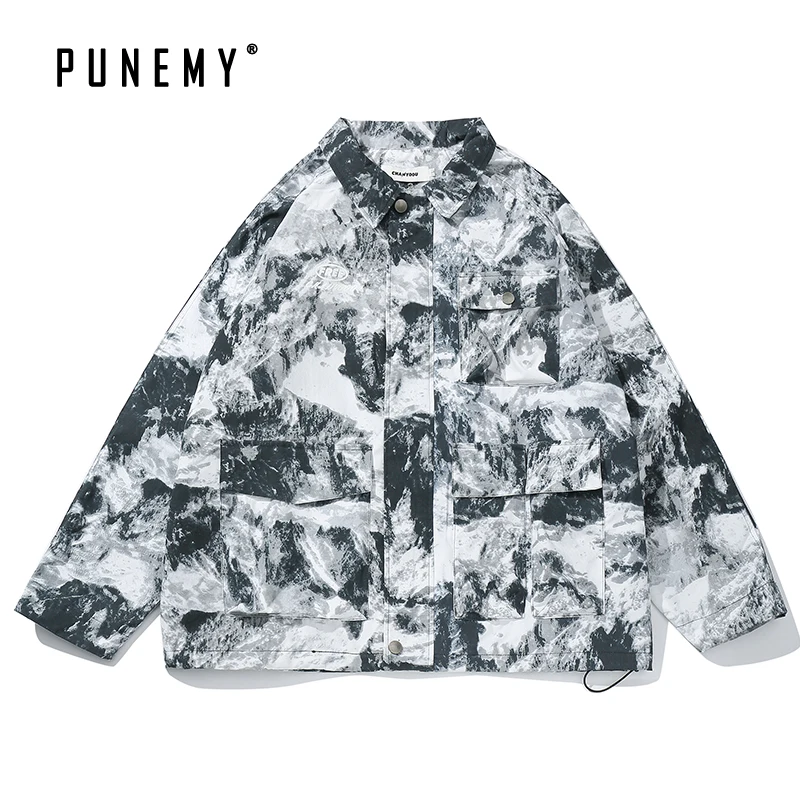 

Hip Hop Streetwear Men Jackets Coats Windbreaker Marbled Road Retro Washed Harajuku Multi-pockets Oversize Man's Jackets Coats