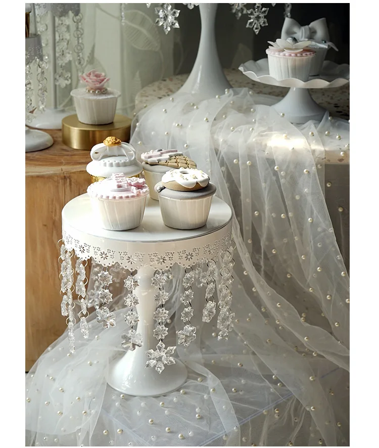 JAROWN Crystal Pendant Iron Cake Stand Wedding Props Acrylic Decoration European Cake Plate Home Birthday Party Candy Dish Tray (15)