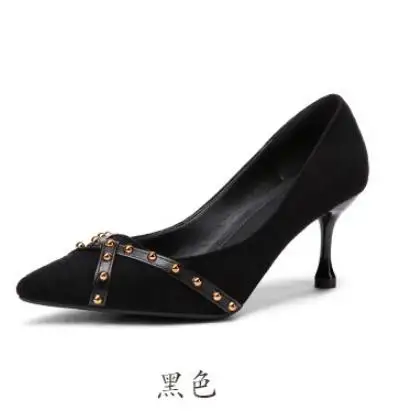 Г., летние модные замшевые красные свадебные туфли на высоком каблуке с заклепками женские туфли на шпильке с закрытым острым носком тонкие туфли, v86 - Цвет: black