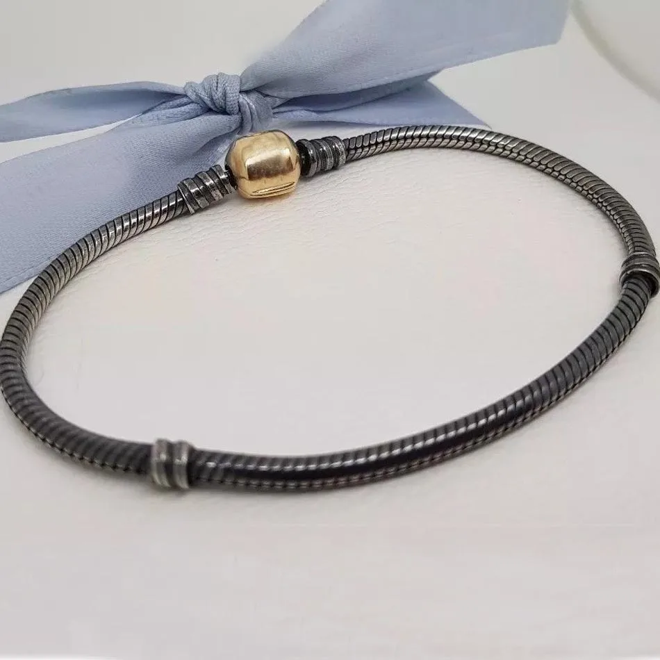Original Oxidised Snake Chain Lobster Barrel Clasp Bracelet Bangle Fit 925 Sterling Silver Bead Charm DIY Europe Jewelry