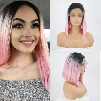 

QUINLUX WIGS Synthetic Lace Front Wig Ombre Pink Bob Wigs For Black Women Cosplay Game Glueless Heat Resistant Fiber African